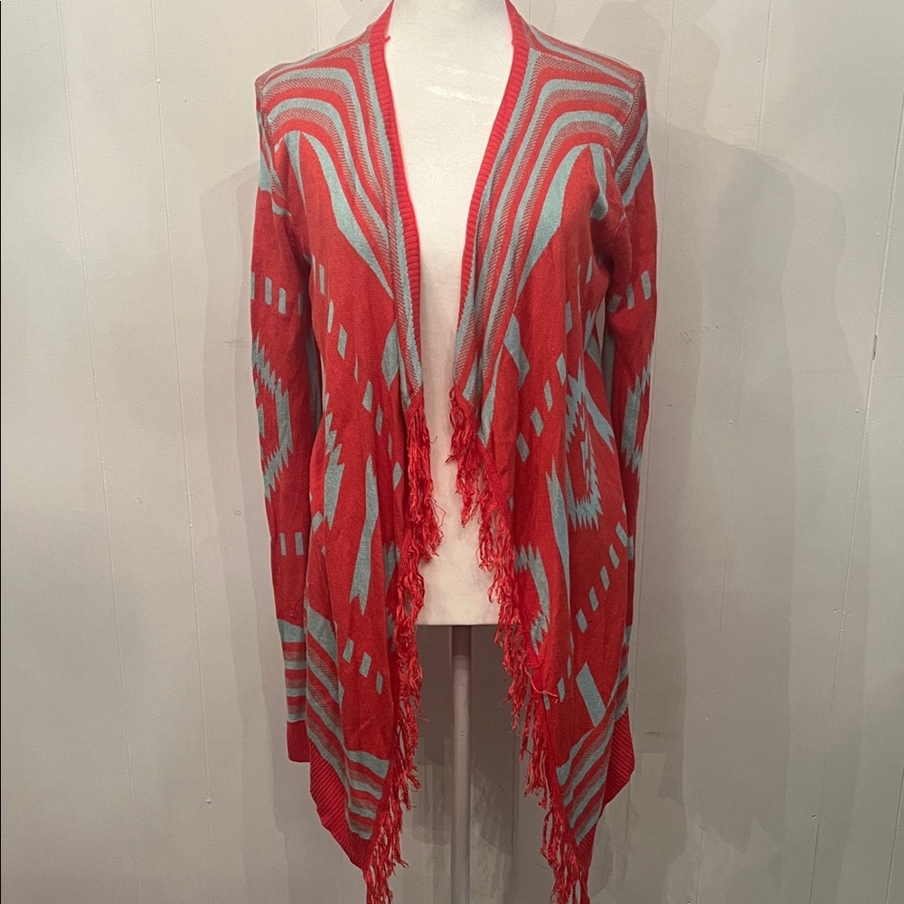 Umgee Coral and Light Blue Geometric Fringe Open Cardigan
